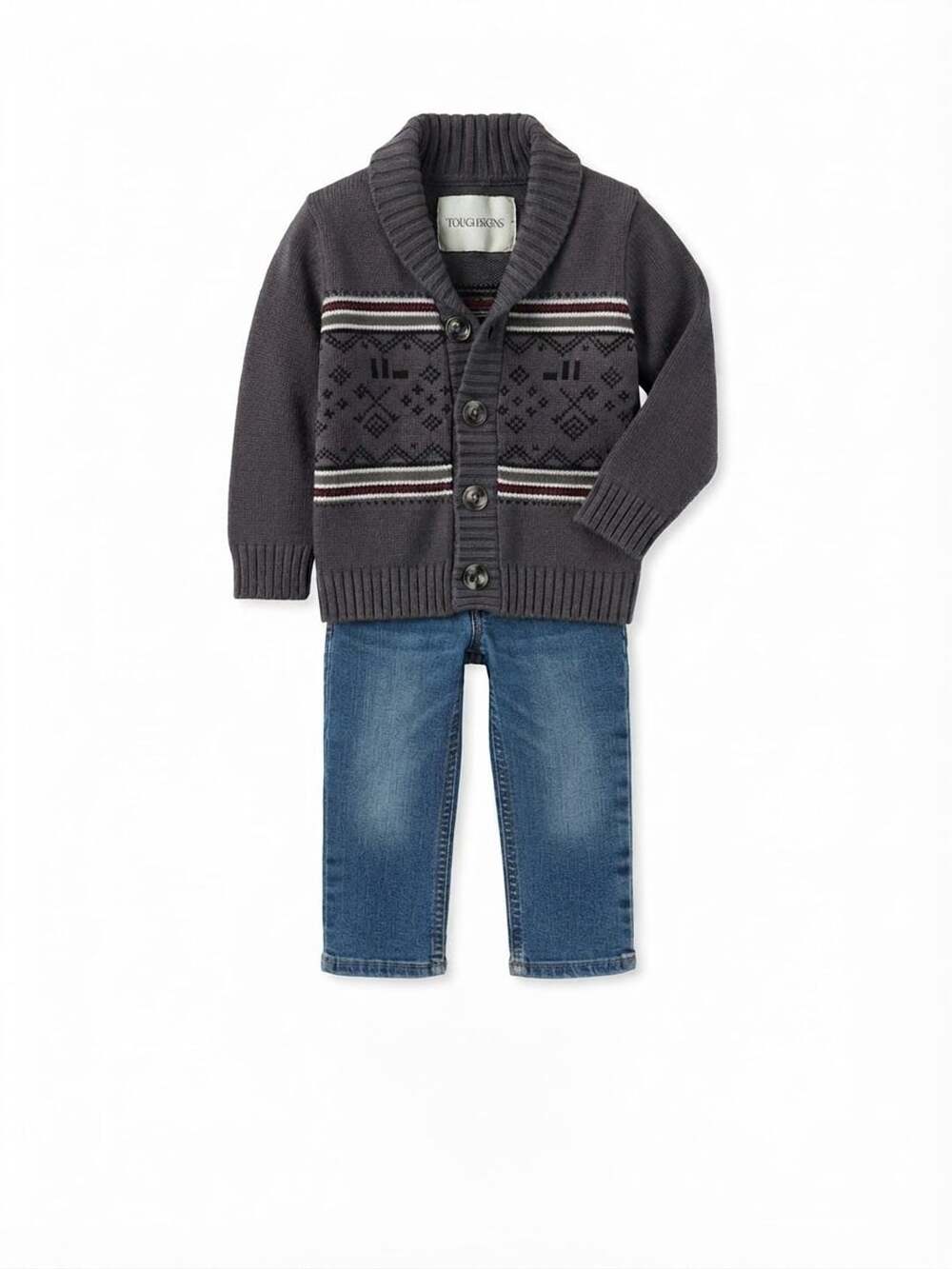 Toughskins Dark Gray Llama Fair Isle Shawl Collar Cardigan and Jeans Outfit 4T